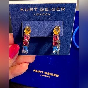 Kurt Geiger NWT Crystal Hoop Earrings Multi Colored & velvet blue dust bag